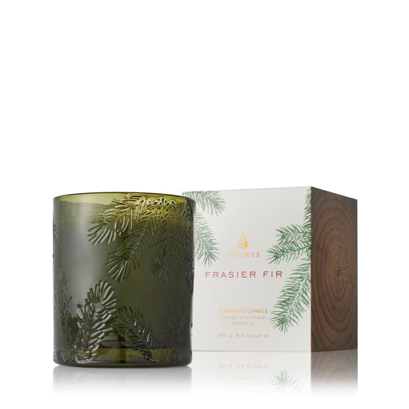 Thymes Frasier Fir Candle - Molded Green Glass Jar with Pine Needle Design - Winter Candle Gifts for Women & Men - Fresh Home Fragrance - Notes of Crisp Siberian Fir, Cedarwood & Sandalwood (6.5 oz) - Image 1